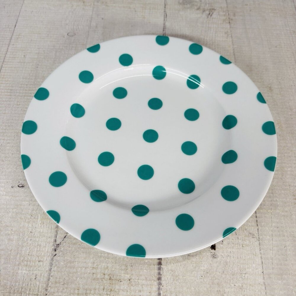 Isaac Mizahi DOT LUXE Green Teal Polka Dot White Porcelain 8" Salad Plates Set 4 - Picture 2 of 16